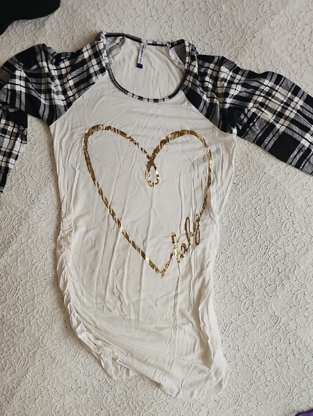 White Raglan Top with Gold Heart and Black Plaid Sleeves